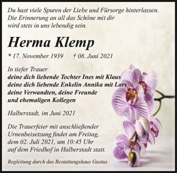 Traueranzeige von Herma Klemp  von Magdeburger Volksstimme