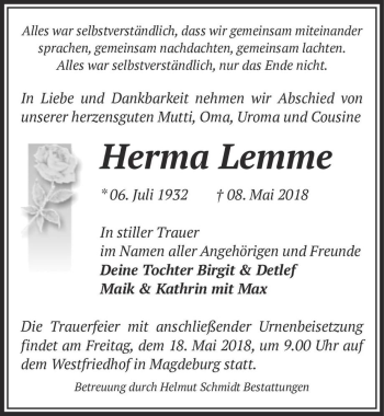 Traueranzeige von Herma Lemme  von Magdeburger Volksstimme