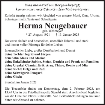 Traueranzeige von Herma Neugebauer (geb. Wehmeyer)  von Magdeburger Volksstimme