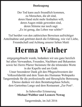 Traueranzeige von Herma Walther  von Magdeburger Volksstimme