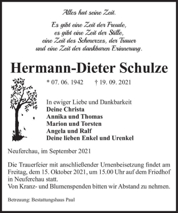 Traueranzeige von Hermann-Dieter Schulze  von Magdeburger Volksstimme