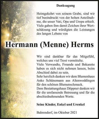 Traueranzeige von Hermann (Menne) Herms  von Magdeburger Volksstimme