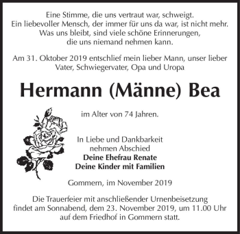 Traueranzeige von Hermann (Männe) Bea  von Magdeburger Volksstimme