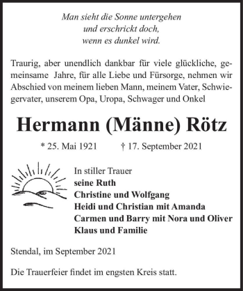 Traueranzeige von Hermann (Männe) Rötz  von Magdeburger Volksstimme