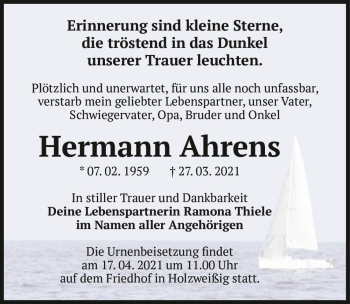 Traueranzeige von Hermann Ahrens  von Magdeburger Volksstimme