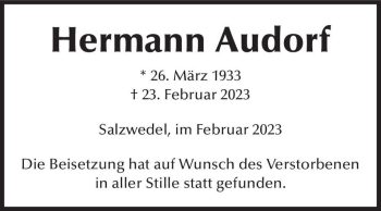 Traueranzeige von Hermann Audorf  von Magdeburger Volksstimme