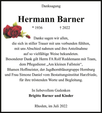 Traueranzeige von Hermann Barner  von Magdeburger Volksstimme