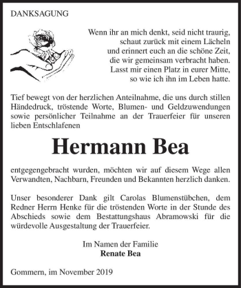 Traueranzeige von Hermann Bea  von Magdeburger Volksstimme