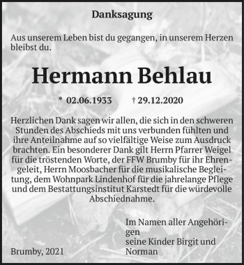 Traueranzeige von Hermann Behlau  von Magdeburger Volksstimme