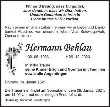 Traueranzeige von Hermann Behlau  von Magdeburger Volksstimme