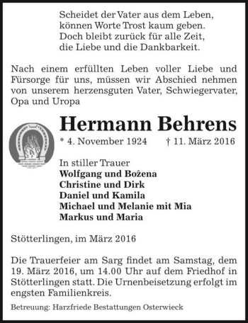 Traueranzeige von Hermann Behrens  von Magdeburger Volksstimme