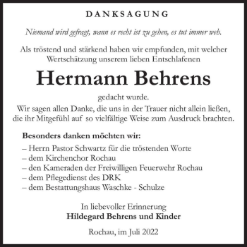 Traueranzeige von Hermann Behrens  von Magdeburger Volksstimme