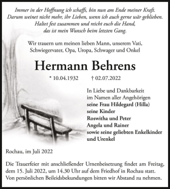 Traueranzeige von Hermann Behrens  von Magdeburger Volksstimme