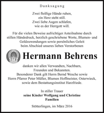 Traueranzeige von Hermann Behrens  von Magdeburger Volksstimme