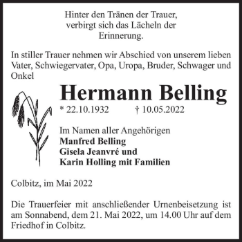 Traueranzeige von Hermann Belling  von Magdeburger Volksstimme