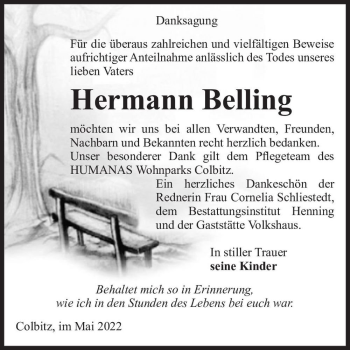Traueranzeige von Hermann Belling  von Magdeburger Volksstimme