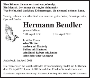 Traueranzeige von Hermann Bendler 