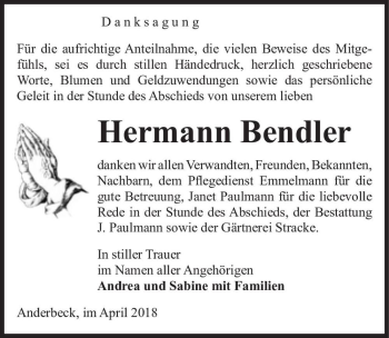 Traueranzeige von Hermann Bendler  von Magdeburger Volksstimme