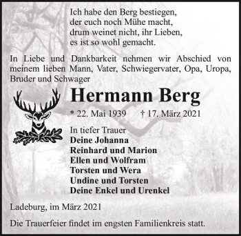 Traueranzeige von Hermann Berg  von Magdeburger Volksstimme
