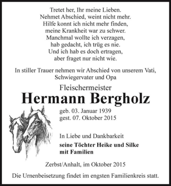 Traueranzeige von Hermann Bergholz  von Magdeburger Volksstimme
