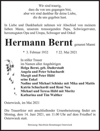 Traueranzeige von Hermann Bernt 