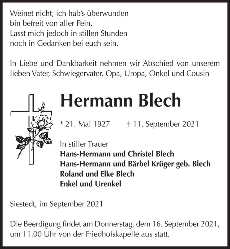  Traueranzeige für Hermann Blech  vom 14.09.2021 aus Magdeburger Volksstimme