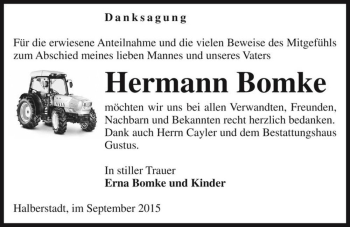 Traueranzeige von Hermann Bomke  von Magdeburger Volksstimme