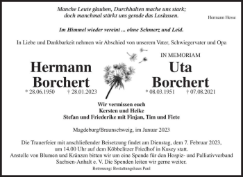 Traueranzeige von Hermann Borchert und Uta Borchert  von Magdeburger Volksstimme