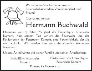 Traueranzeige von Hermann Buchwald  von Magdeburger Volksstimme