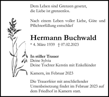 Traueranzeige von Hermann Buchwald  von Magdeburger Volksstimme