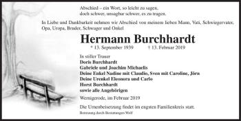 Traueranzeige von Hermann Burchhardt  von Magdeburger Volksstimme