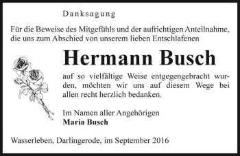 Traueranzeige von Hermann Busch  von Magdeburger Volksstimme