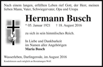Traueranzeige von Hermann Busch  von Magdeburger Volksstimme