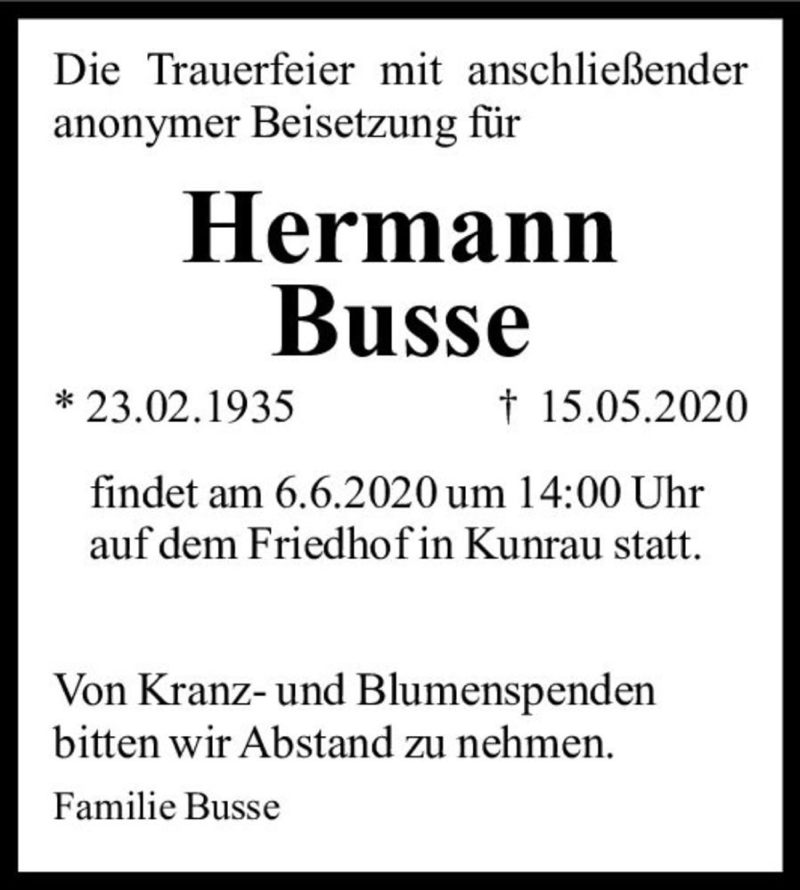  Traueranzeige für Hermann Busse  vom 04.06.2020 aus Magdeburger Volksstimme
