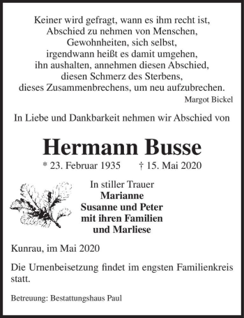 Traueranzeige von Hermann Busse  von Magdeburger Volksstimme