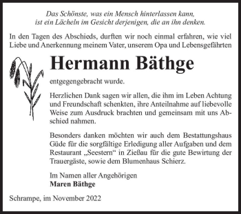 Traueranzeige von Hermann Bäthge  von Magdeburger Volksstimme