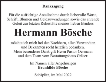 Traueranzeige von Hermann Bösche  von Magdeburger Volksstimme