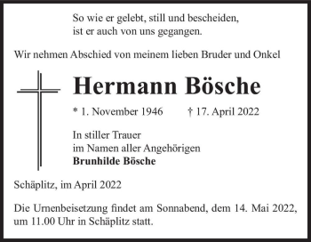 Traueranzeige von Hermann Bösche  von Magdeburger Volksstimme
