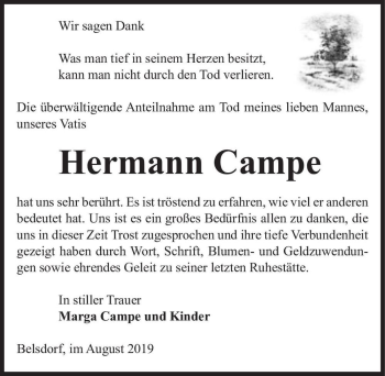 Traueranzeige von Hermann Campe  von Magdeburger Volksstimme