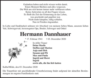 Traueranzeige von Hermann Dannhauer  von Magdeburger Volksstimme