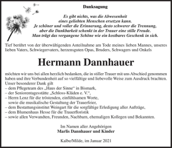 Traueranzeige von Hermann Dannhauer  von Magdeburger Volksstimme