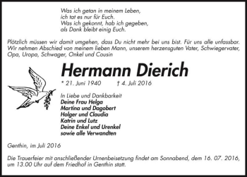 Traueranzeige von Hermann Dierich  von Magdeburger Volksstimme