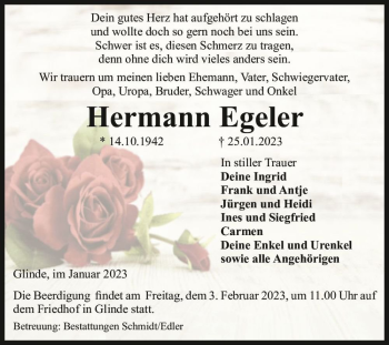 Traueranzeige von Hermann Egeler  von Magdeburger Volksstimme