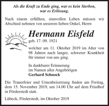 Traueranzeige von Hermann Eisfeld  von Magdeburger Volksstimme