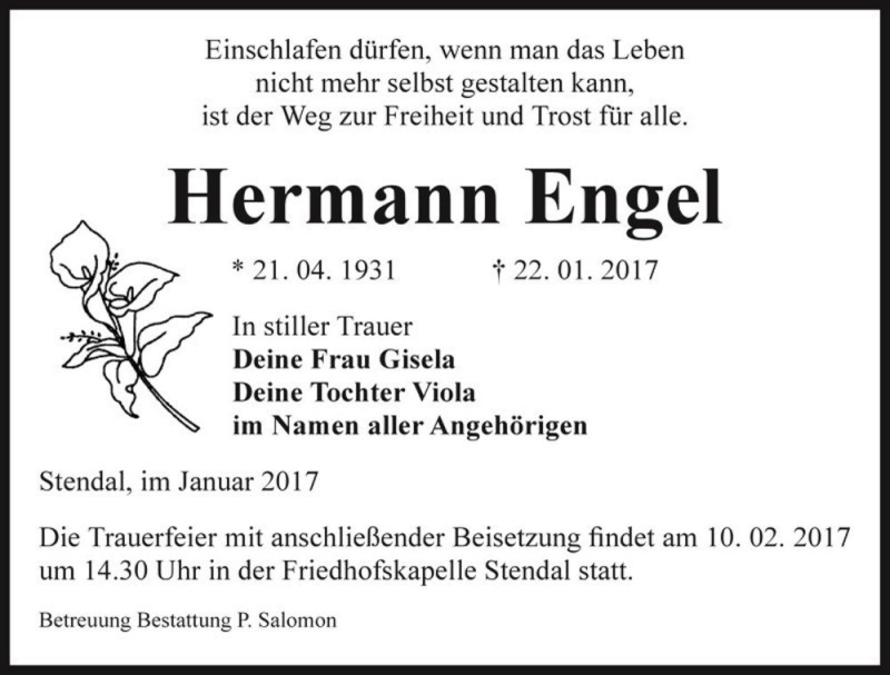  Traueranzeige für Hermann Engel  vom 04.02.2017 aus Magdeburger Volksstimme