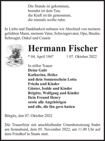Traueranzeige von Hermann Fischer  von Magdeburger Volksstimme
