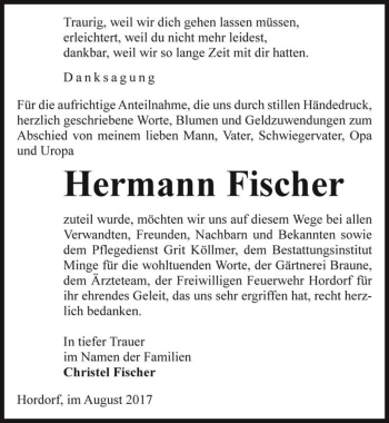 Traueranzeige von Hermann Fischer  von Magdeburger Volksstimme