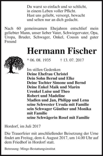 Traueranzeige von Hermann Fischer  von Magdeburger Volksstimme