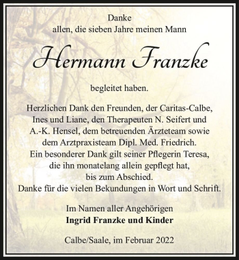 Traueranzeige von Hermann Franzke  von Magdeburger Volksstimme