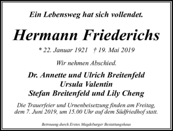 Traueranzeige von Hermann Friederichs  von Magdeburger Volksstimme